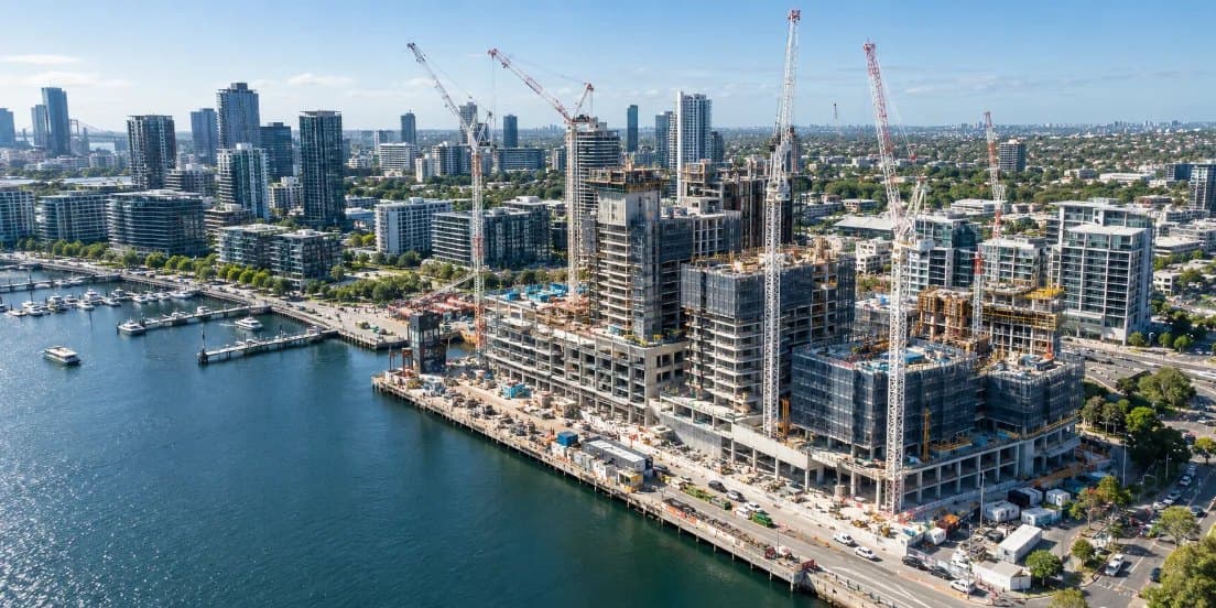 Aerial view of a waterfront apartment development under construction, ringed by tower cranes
