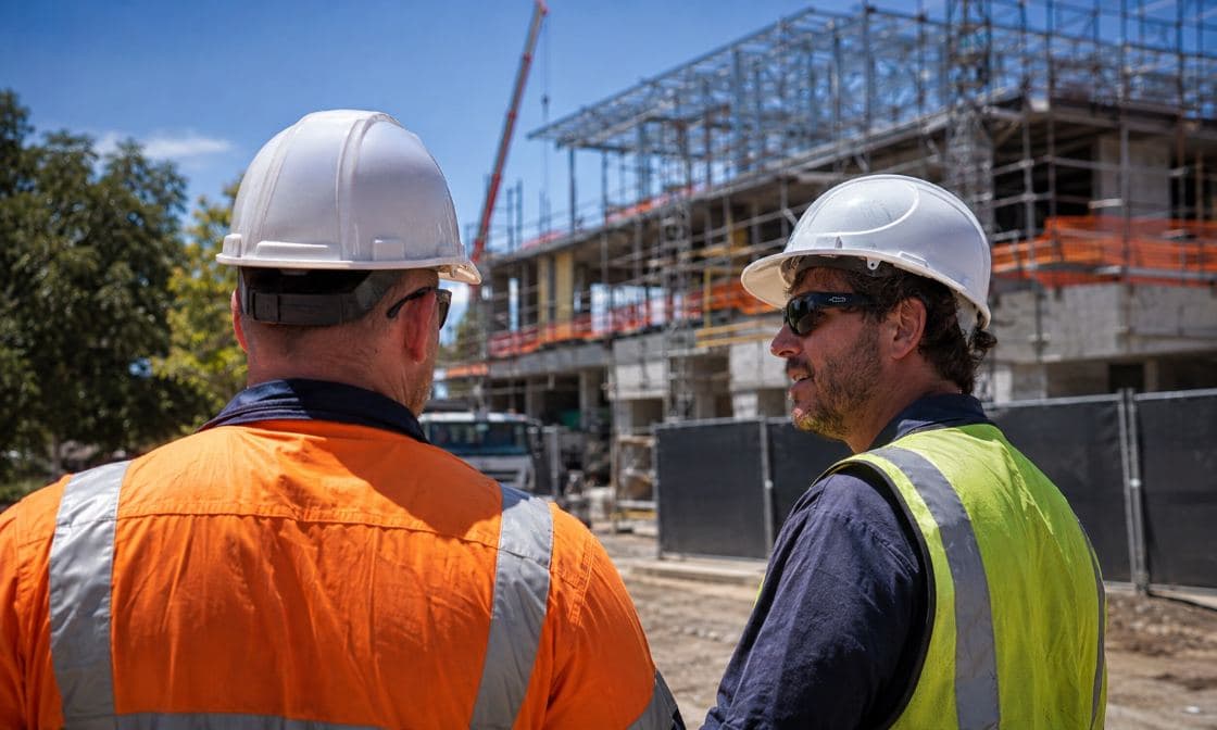 Two builders looking over a multi-storey construction site